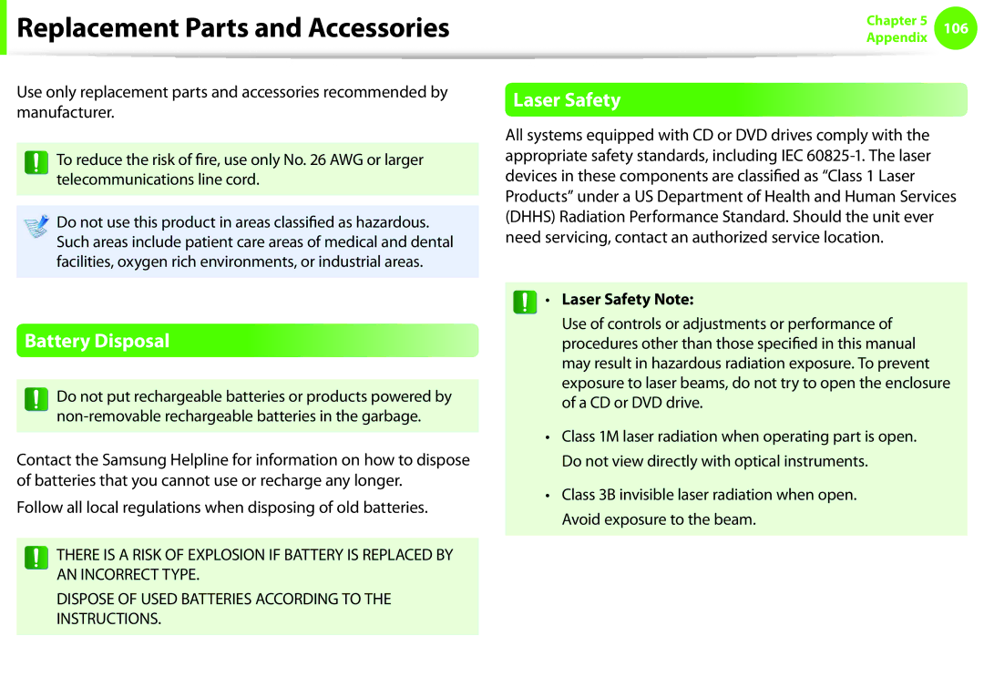 Samsung NP-NC10-KB04IT, NP-N130-KA02FR manual Replacement Parts and Accessories, Battery Disposal, Laser Safety Note 