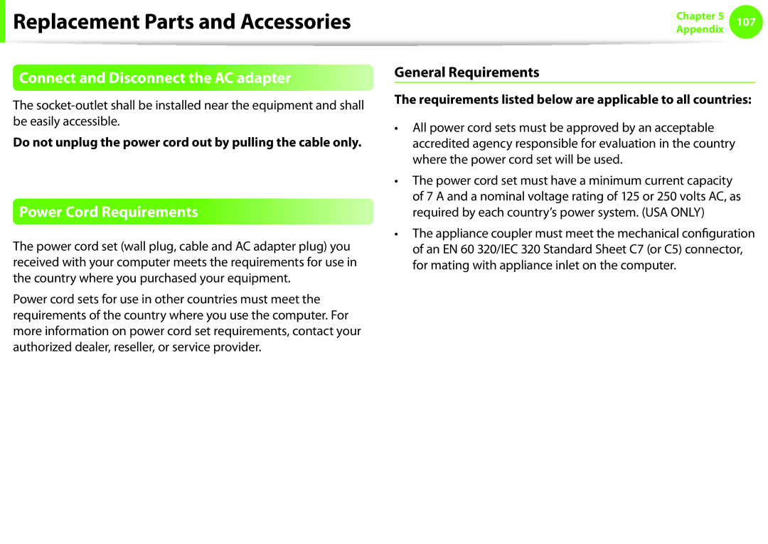 Samsung NP-NC10-KA05IT, NT-NC10-KA1LB Connect and Disconnect the AC adapter, Power Cord Requirements, General Requirements 