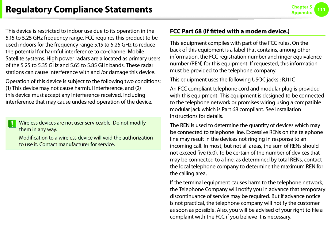 Samsung NP-N140-JA05IT, NP-N130-KA02FR, NP-N140-JA01FR, NP-N140-JA04FR manual FCC Part 68 If fitted with a modem device 