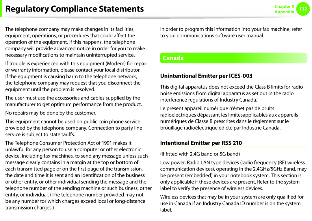 Samsung NP-N210-JB01IT, NP-N130-KA02FR manual Canada, Unintentional Emitter per ICES-003, Intentional Emitter per RSS 