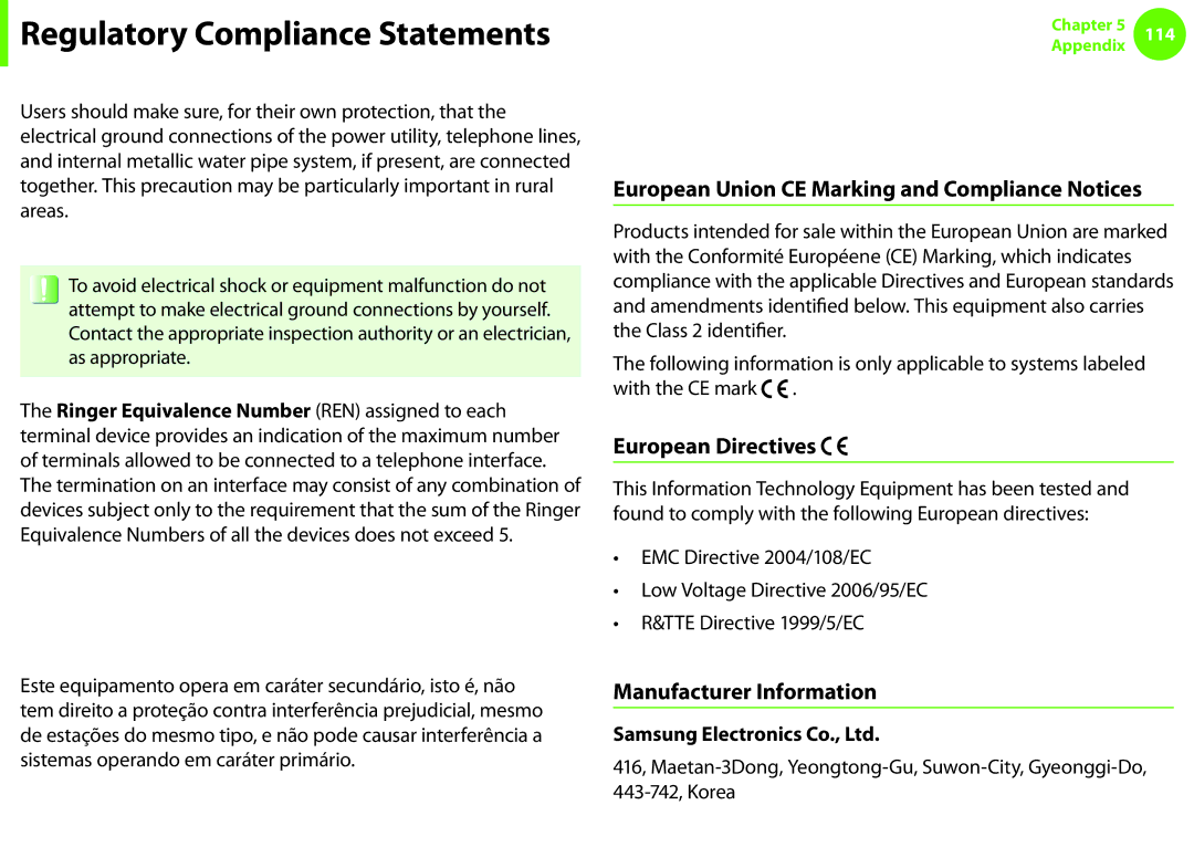 Samsung NP-N150-JP09IT, NP-N130-KA02FR Brazil, European Union CE Marking and Compliance Notices, European Directives 