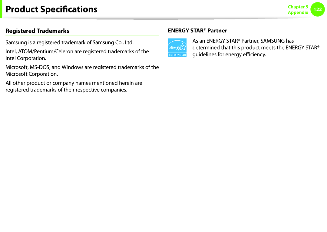 Samsung NP-N150-JP07IT, NP-N130-KA02FR, NP-N140-JA01FR, NP-N140-JA04FR manual Registered Trademarks, Energy Star Partner 