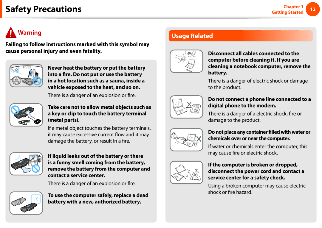 Samsung NP-N150-JP01FR, NP-N130-KA02FR, NP-N140-JA01FR manual Usage Related, There is a danger of an explosion or fire 