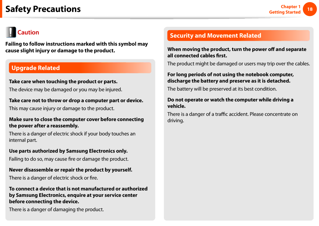 Samsung NP-N110-KA04FR Take care when touching the product or parts, Use parts authorized by Samsung Electronics only 