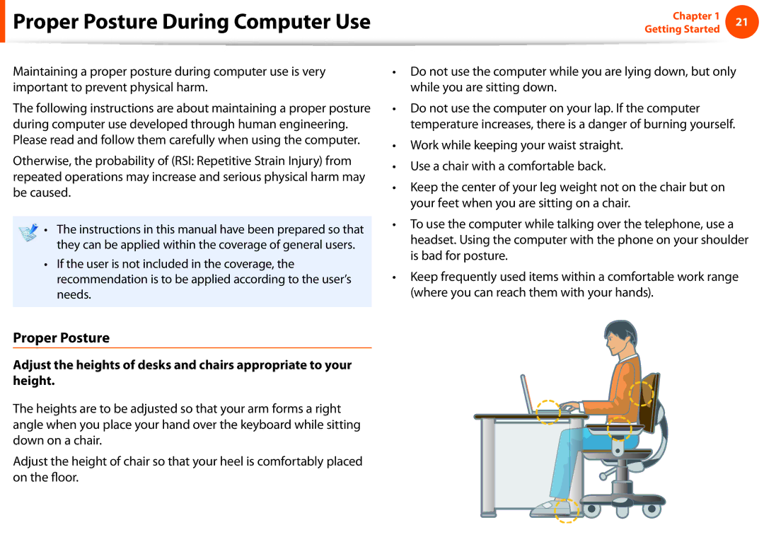 Samsung NP-N220-JA01FR, NP-N130-KA02FR, NP-N140-JA01FR, NP-N140-JA04FR, NP-NC10-KB05FR Proper Posture During Computer Use 