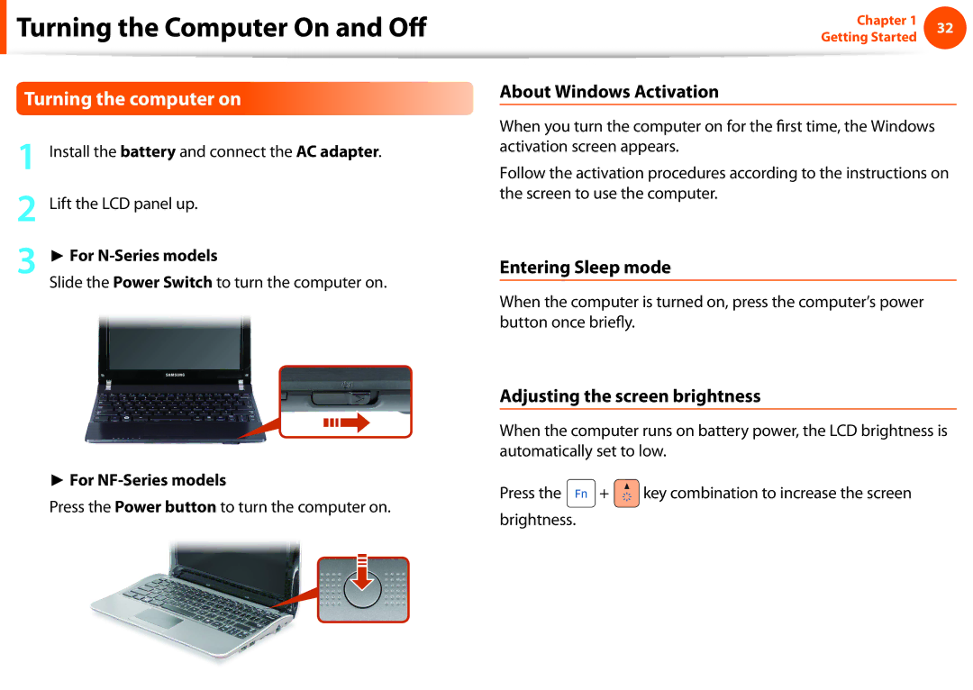 Samsung NP-NC10-KA06FR, NP-N130-KA02FR Turning the Computer On and Off, Turning the computer on, About Windows Activation 