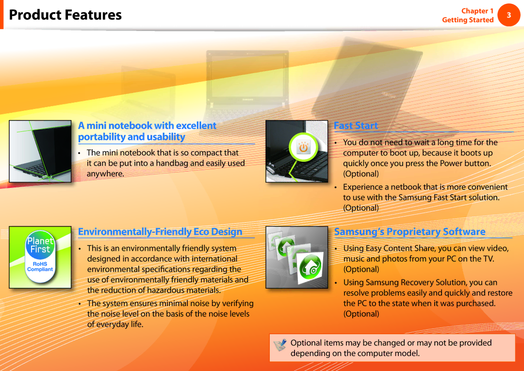 Samsung NP-N220-JA02FR, NP-N130-KA02FR manual Product Features, Mini notebook with excellent ortability and usability 