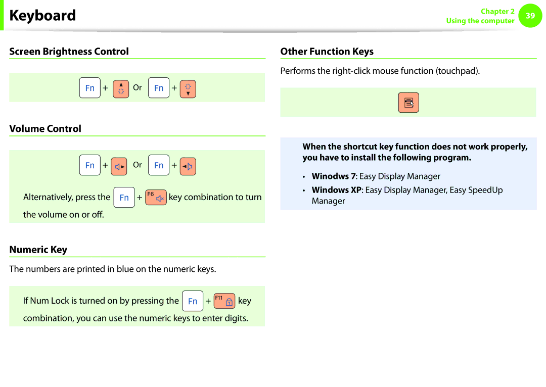 Samsung NP-N130-JA02FR, NP-N130-KA02FR manual Screen Brightness Control, Volume Control, Numeric Key, Other Function Keys 