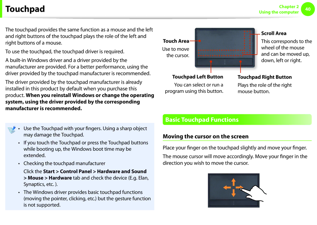 Samsung NP-N110-KA03FR, NP-N130-KA02FR, NP-N140-JA01FR manual Basic Touchpad Functions, Moving the cursor on the screen 