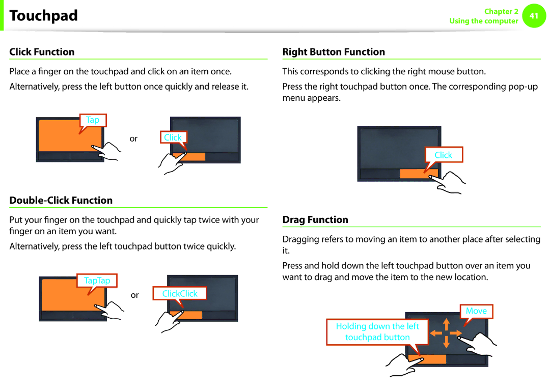 Samsung NP-N140-JA05FR, NP-N130-KA02FR, NP-N140-JA01FR manual Right Button Function, Double-Click Function, Drag Function 