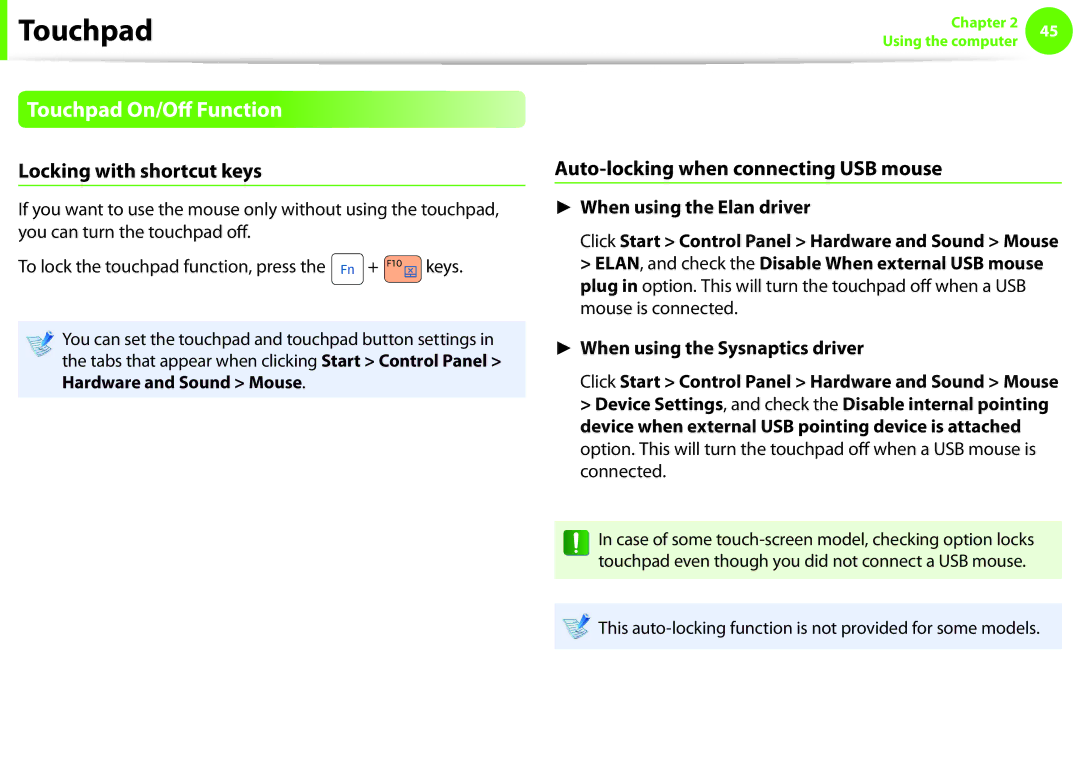 Samsung NP-N150-JA06FR manual Touchpad On/Off Function, Locking with shortcut keys, Auto-locking when connecting USB mouse 