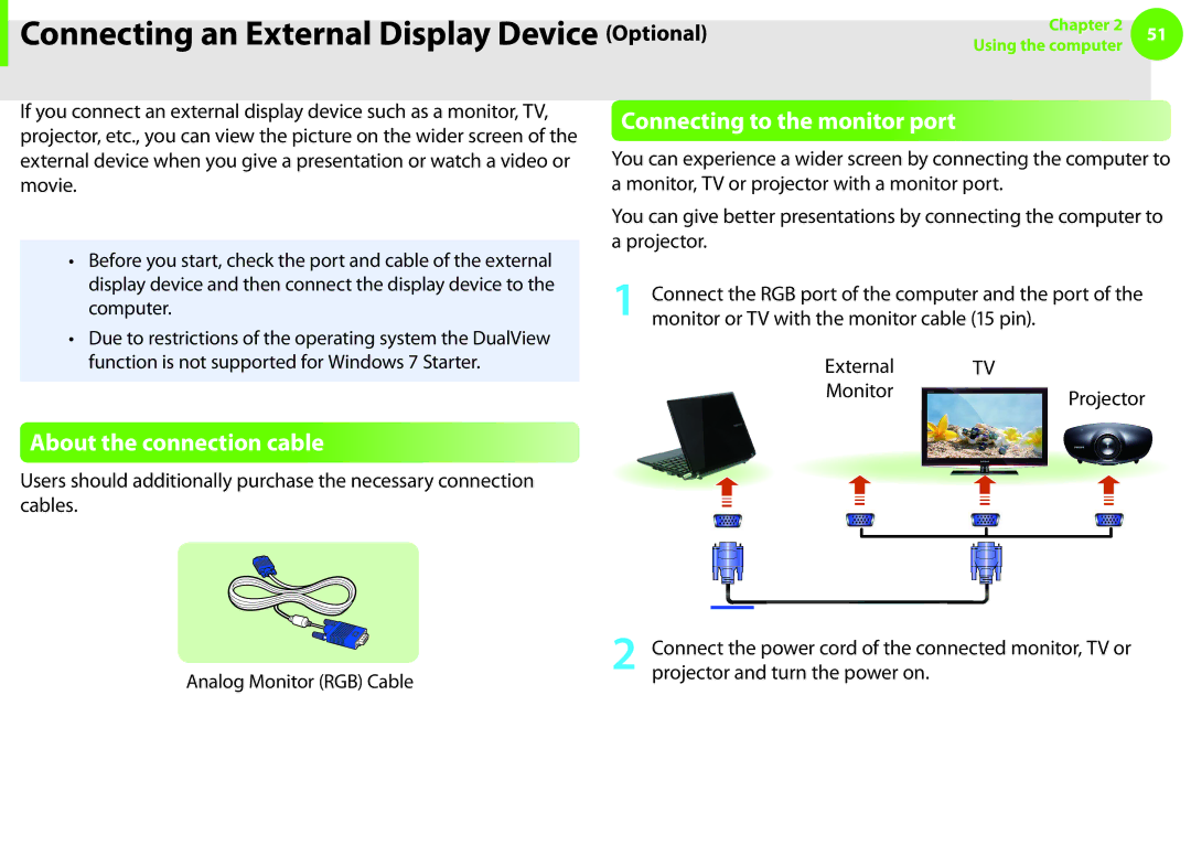 Samsung NP-N220-JP03FR, NP-N130-KA02FR manual About the connection cable, Connecting to the monitor port, External Monitor 