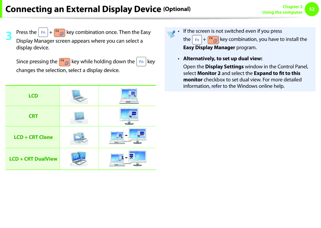 Samsung NP-NC10-WHT/FR manual Connecting an External Display Device Optional, Press, Alternatively, to set up dual view 