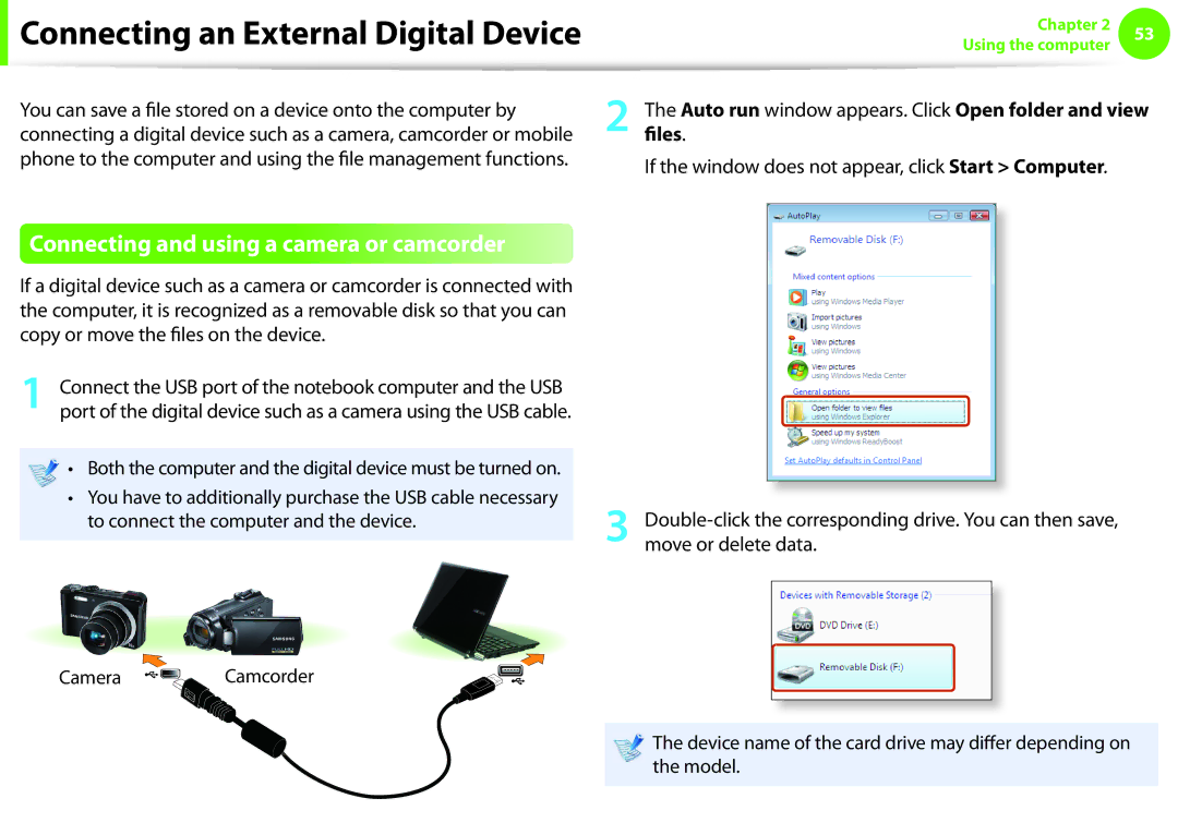 Samsung NP-NC10-KB04FR, NP-N130-KA02FR Connecting an External Digital Device, Connecting and using a camera or camcorder 