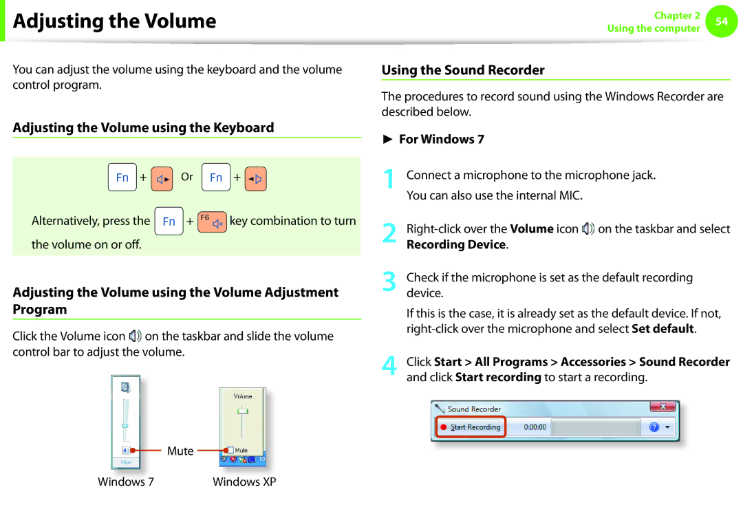 Samsung NP-NC10-KA07FR manual Adjusting the Volume using the Keyboard, Using the Sound Recorder, Recording Device 