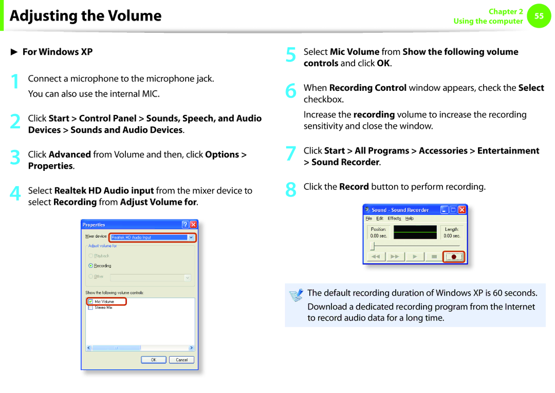 Samsung NP-NC10-KA05FR, NP-N130-KA02FR Devices Sounds and Audio Devices, Properties, Controls and click OK, Sound Recorder 