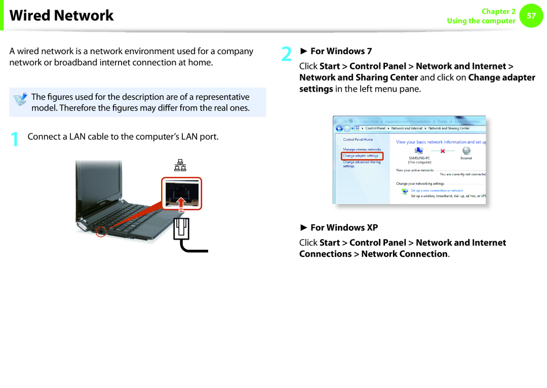 Samsung NP-NC10-HAZ1FR, NP-N130-KA02FR, NP-N140-JA01FR manual Wired Network, Connect a LAN cable to the computer’s LAN port 