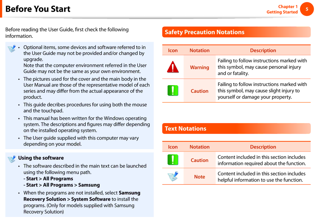 Samsung NP-N150-HAZ1FR, NP-N130-KA02FR Before You Start, Safety Precaution Notations, Text Notations, Using the software 