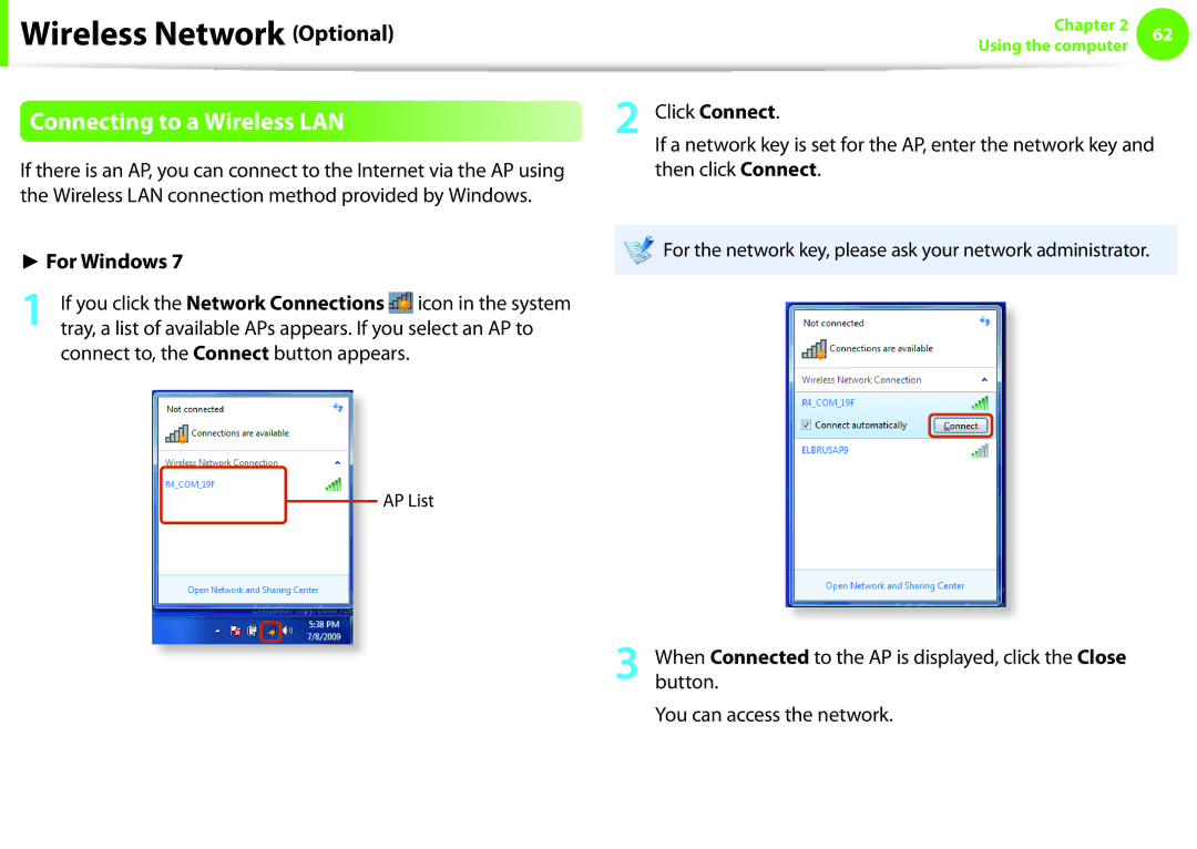Samsung NP-N150-JP08FR, NP-N130-KA02FR, NP-N140-JA01FR, NP-N140-JA04FR manual Connecting to a Wireless LAN, Click Connect 