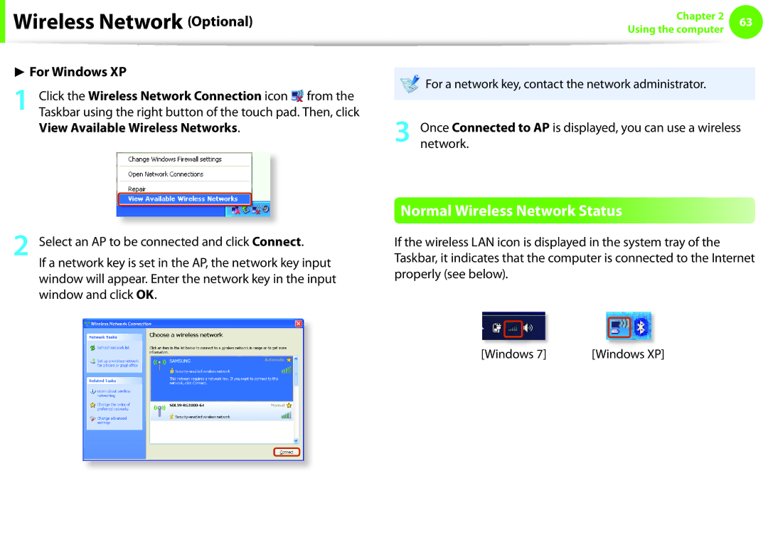 Samsung NP-N150-JP07FR, NP-N130-KA02FR Normal Wireless Network Status, Click the Wireless Network Connection icon from 