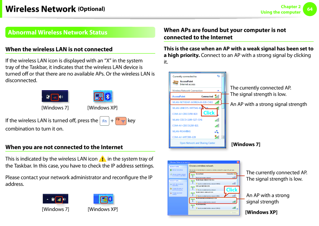 Samsung NP-N150-JP03FR manual Abnormal Wireless Network Status, When the wireless LAN is not connected, Windows XP 