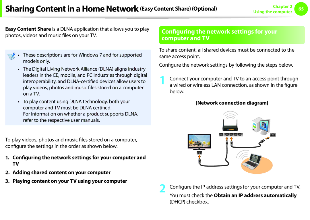 Samsung NP-N130-KA04FR, NP-NC10BM/FR Configuring the network settings for your computer and TV, Network connection diagram 