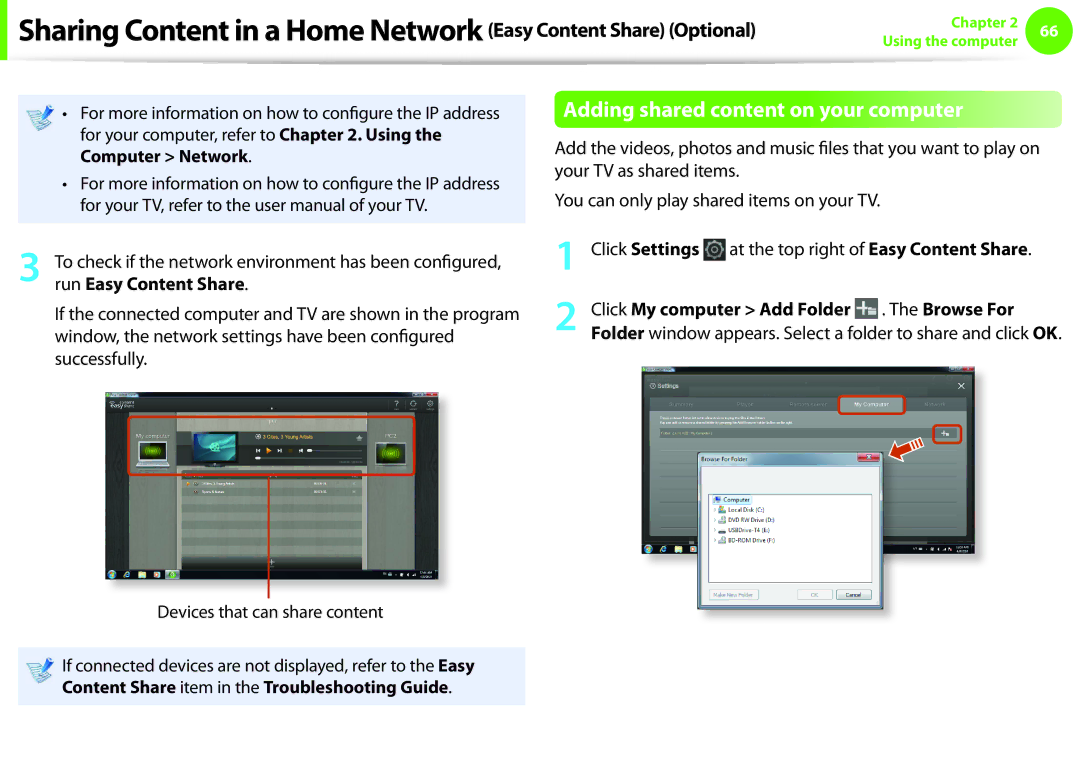 Samsung NP-NB30-JT01FR, NP-NC10BM/FR Adding shared content on your computer, Click My computer Add Folder . The Browse For 