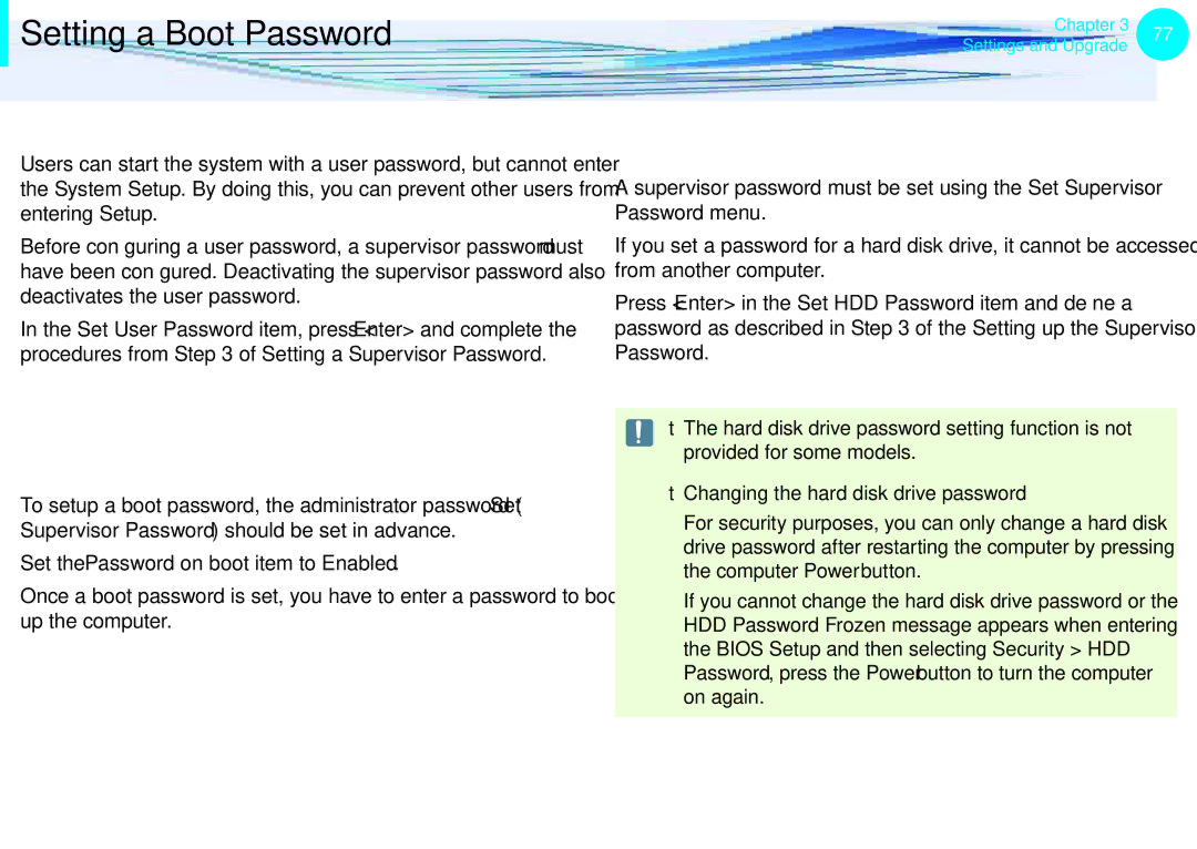 Samsung NP-N150-JA07FR Setting a User Password, Setting Up a Boot Password, Setting up a Hard Disk Drive Password Optional 