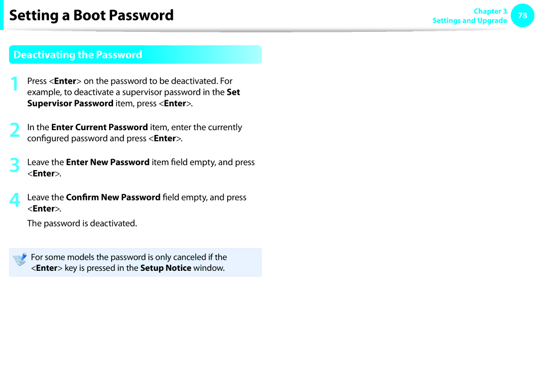 Samsung NP-N150-HAG2FR, NP-N130-KA02FR, NP-N140-JA01FR Deactivating the Password, Supervisor Password item, press Enter 