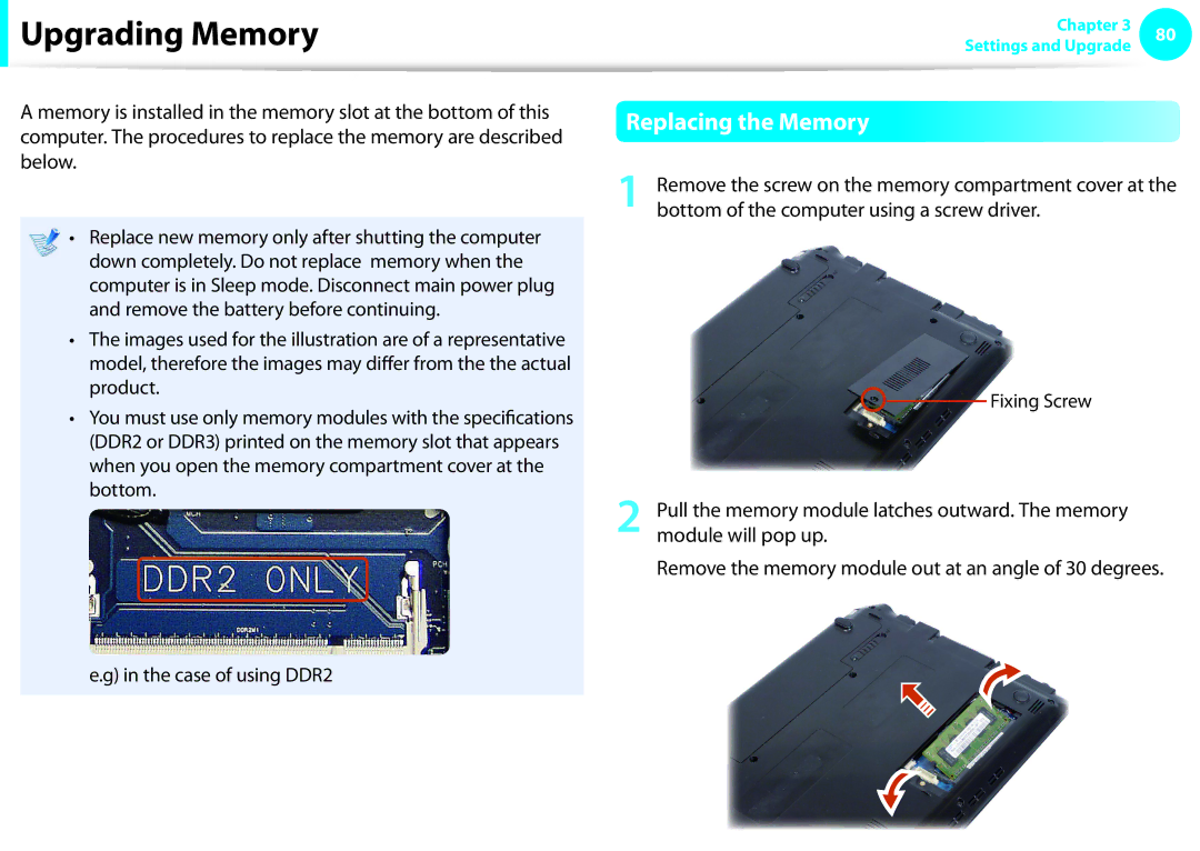 Samsung NP-NB30-JA01IT, NP-N130-KA02FR, NP-N140-JA01FR, NP-N140-JA04FR, NP-NC10-KB05FR Upgrading Memory, Replacing the Memory 