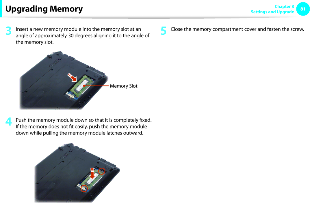 Samsung NP-N220-JA03IT, NP-N130-KA02FR manual Memory slot Memory Slot, Down while pulling the memory module latches outward 