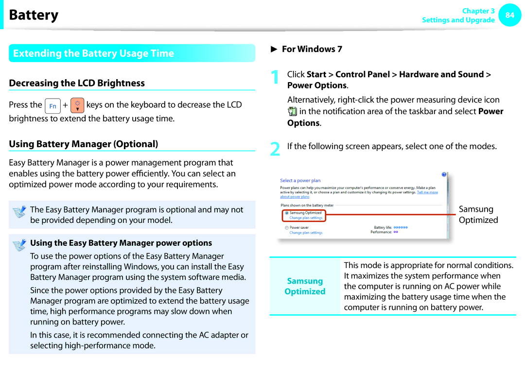 Samsung NP-N150-JP0AIT Extending the Battery Usage Time, Decreasing the LCD Brightness, Using Battery Manager Optional 