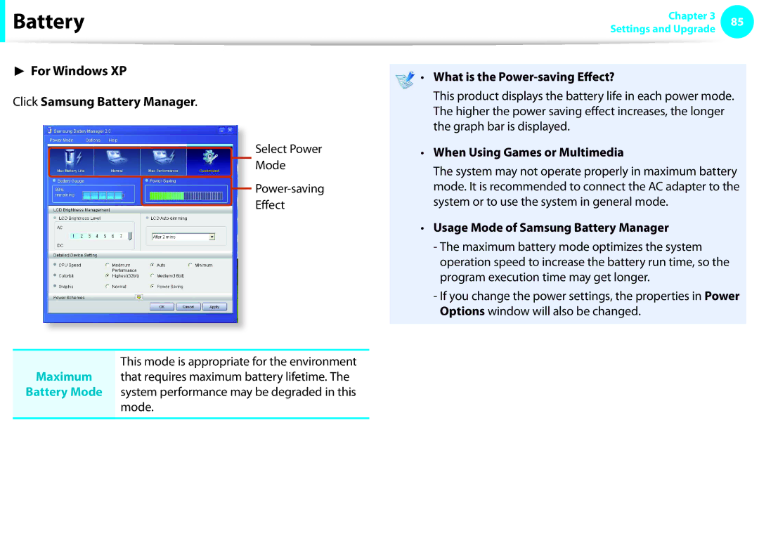 Samsung NP-NC10-HAV2IT Click Samsung Battery Manager, What is the Power-saving Effect?, When Using Games or Multimedia 