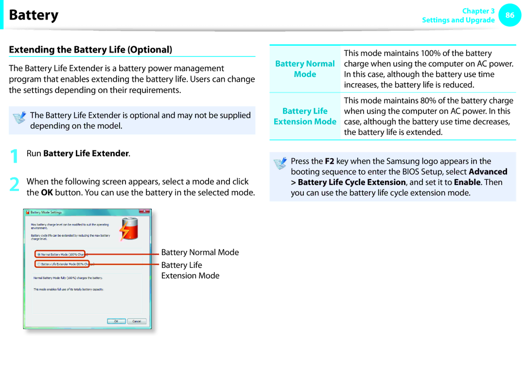 Samsung NP-N140-KA03IT, NP-N130-KA02FR, NP-N140-JA01FR manual Extending the Battery Life Optional, Run Battery Life Extender 