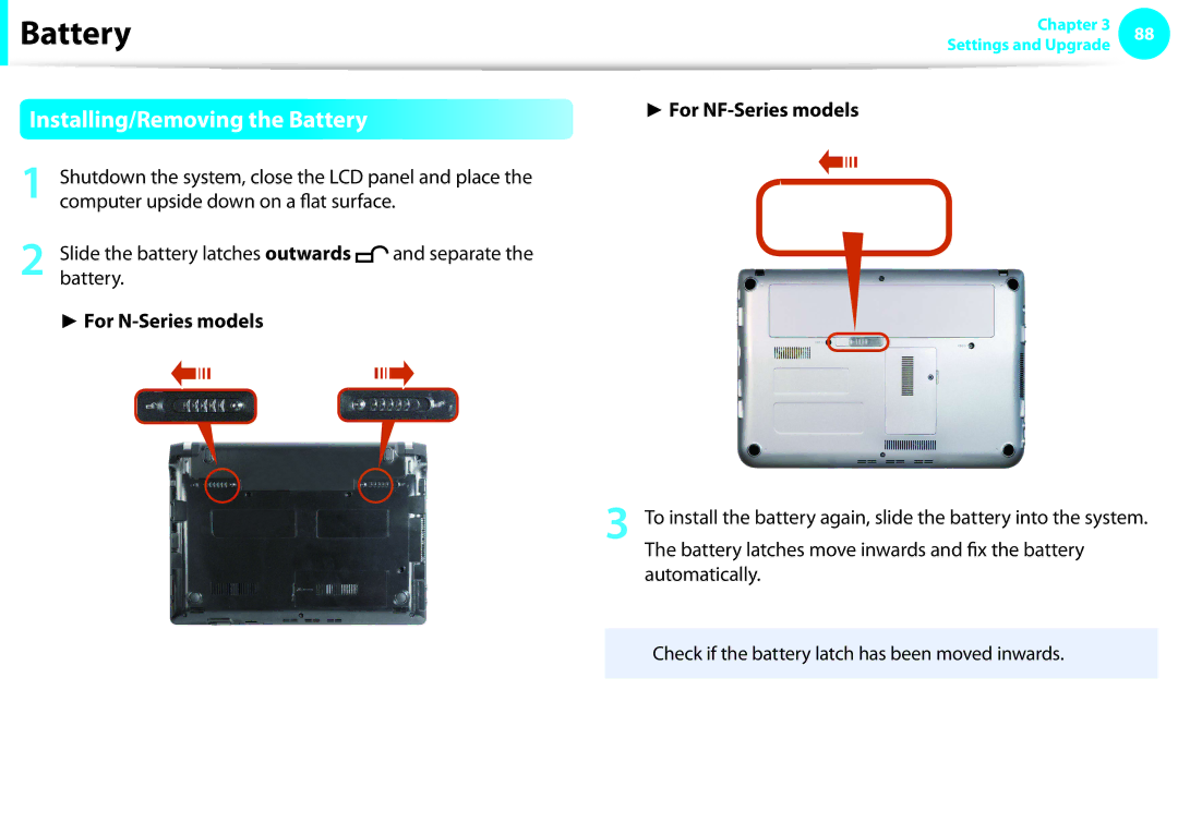 Samsung NP-N130-KA03IT, NP-N130-KA02FR manual Installing/Removing the Battery, Computer upside down on a flat surface 