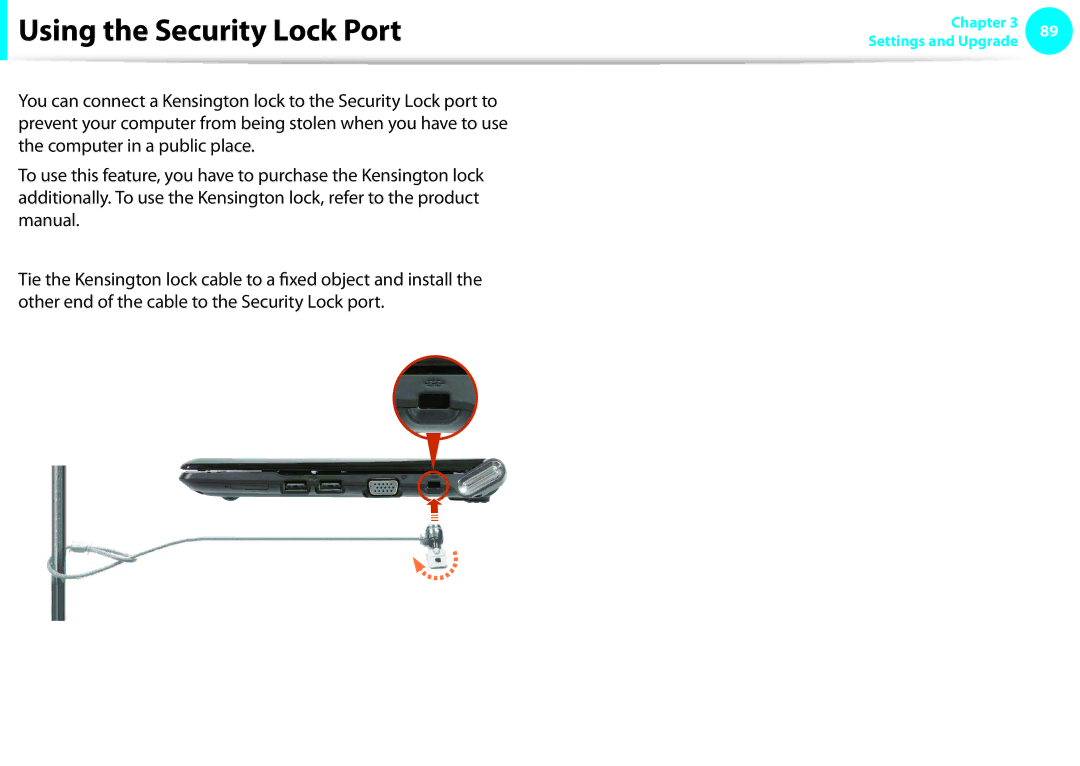 Samsung NP-N130-JA05IT, NP-N130-KA02FR, NP-N140-JA01FR, NP-N140-JA04FR, NP-NC10-KB05FR manual Using the Security Lock Port 