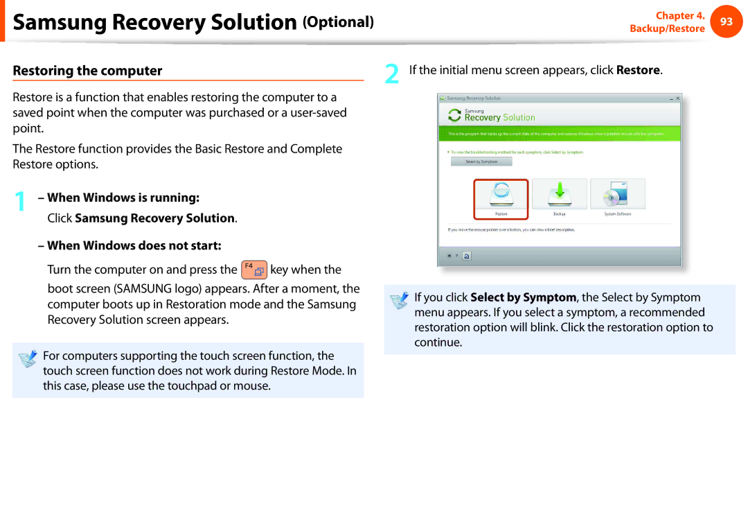 Samsung NP-N150-JP08IT, NP-N130-KA02FR, NP-N140-JA01FR manual Samsung Recovery Solution Optional, Restoring the computer 