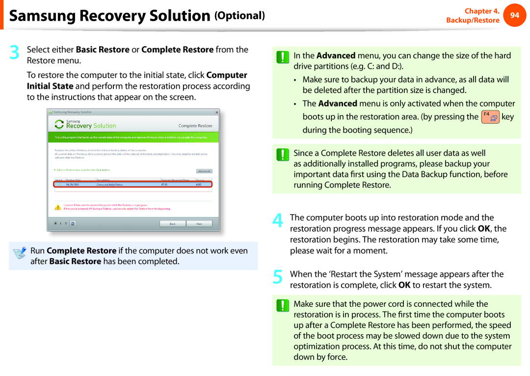 Samsung NP-N150-HAH2IT, NP-N130-KA02FR, NP-N140-JA01FR, NP-N140-JA04FR manual Samsung Recovery Solution Optional, Restore menu 