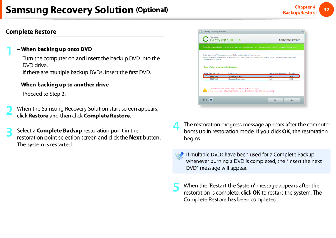 Samsung NP-N140-JA04IT manual Complete Restore, When backing up onto DVD, When backing up to another drive Proceed to Step 