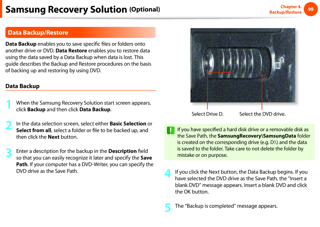 Samsung NP-N130-JA04IT, NP-N130-KA02FR, NP-N140-JA01FR manual Data Backup/Restore, Click Backup and then click Data Backup 