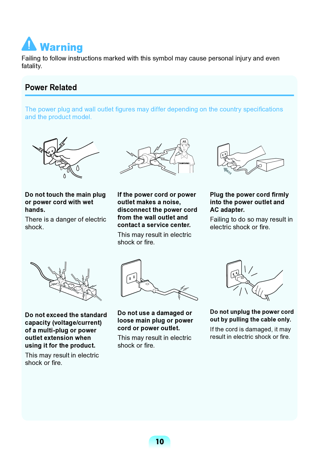 Samsung NP-N138-DA01RU manual Power Related, Do not touch the main plug or power cord with wet hands 