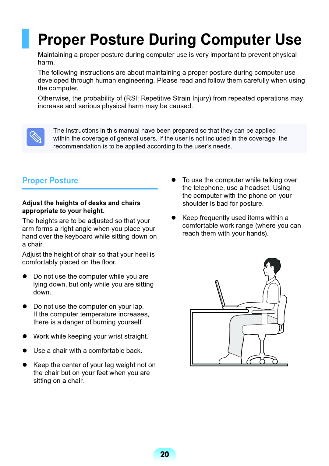 Samsung NP-N138-DA01RU manual Proper Posture During Computer Use 