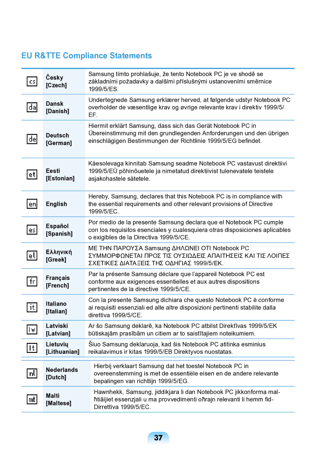 Samsung NP-N138-DA01RU manual EU R&TTE Compliance Statements 