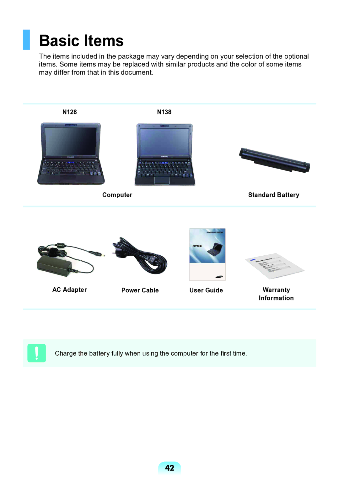 Samsung NP-N138-DA01RU manual Basic Items 