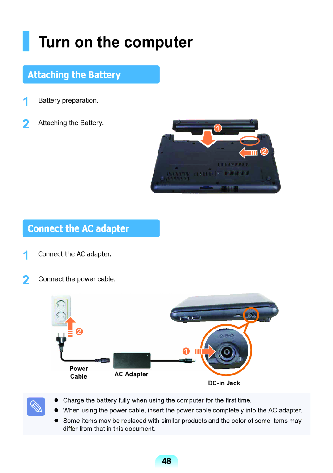 Samsung NP-N138-DA01RU manual Turn on the computer, Attaching the Battery, Connect the AC adapter, Cable, DC-in Jack 