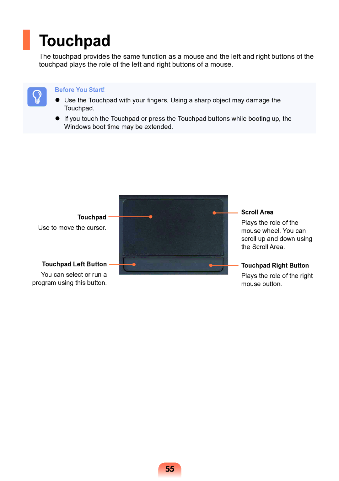 Samsung NP-N138-DA01RU manual Touchpad Left Button, Scroll Area, Touchpad Right Button 