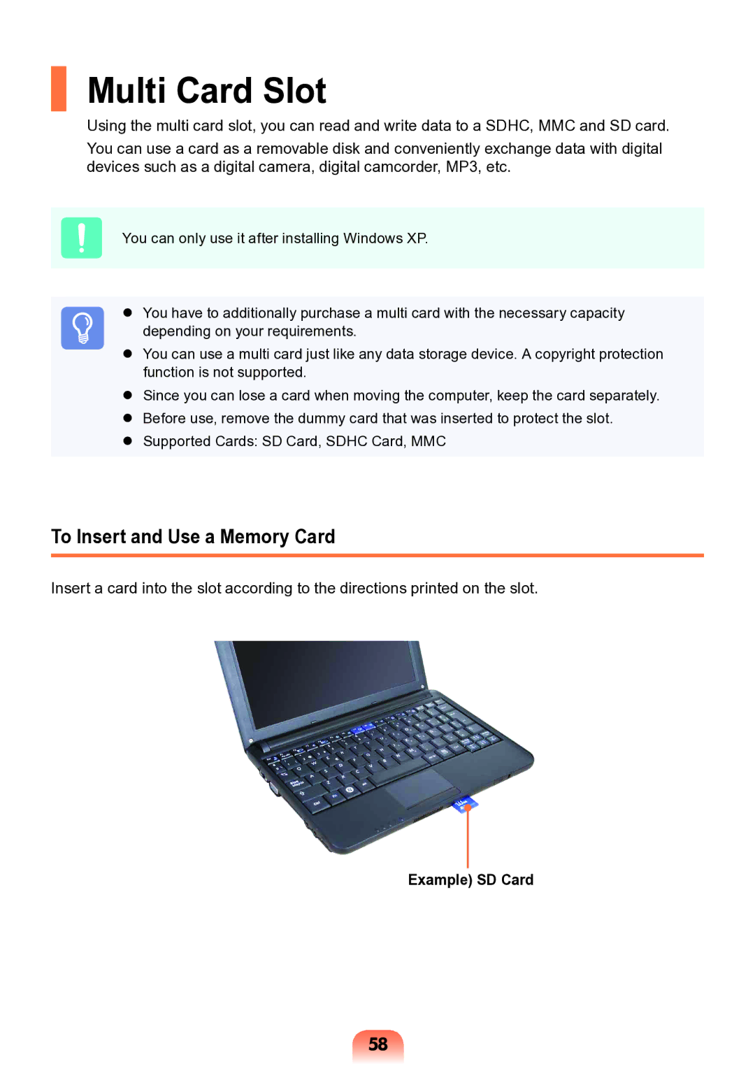 Samsung NP-N138-DA01RU manual Multi Card Slot, To Insert and Use a Memory Card, Example SD Card 