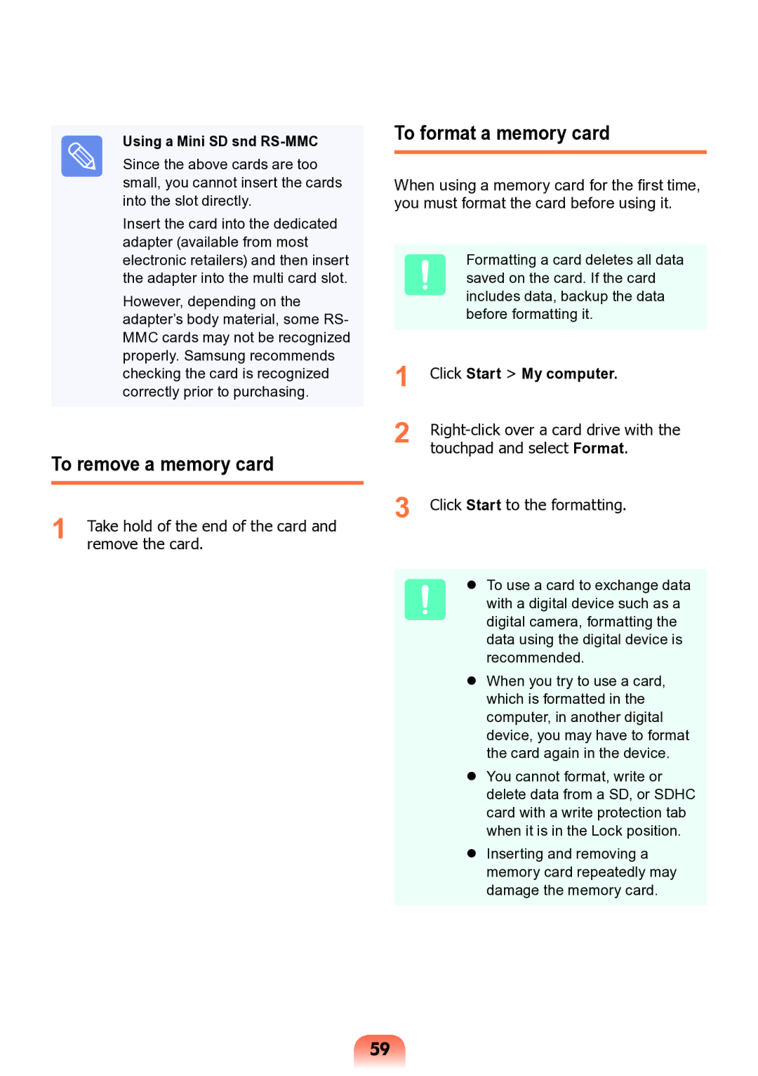 Samsung NP-N138-DA01RU manual To remove a memory card, To format a memory card, Using a Mini SD snd RS-MMC 