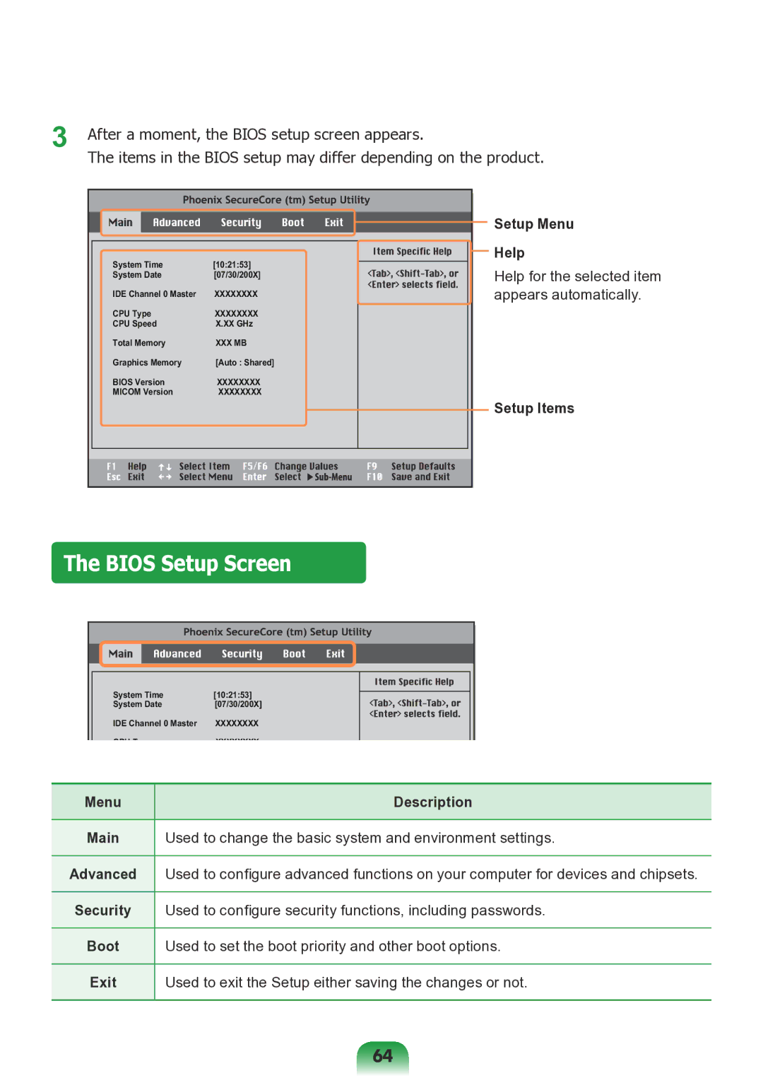 Samsung NP-N138-DA01RU manual Bios Setup Screen, Setup Menu Help, Setup Items, Menu Description, Exit 