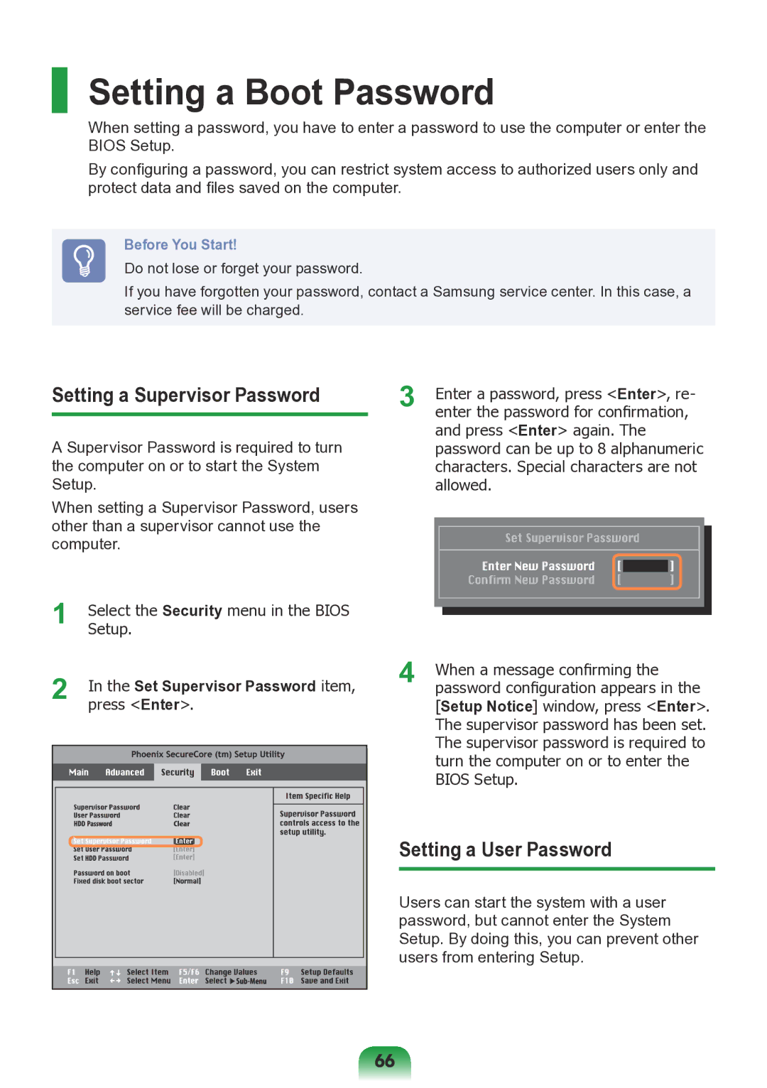 Samsung NP-N138-DA01RU manual Setting a Boot Password, Setting a Supervisor Password, Setting a User Password 